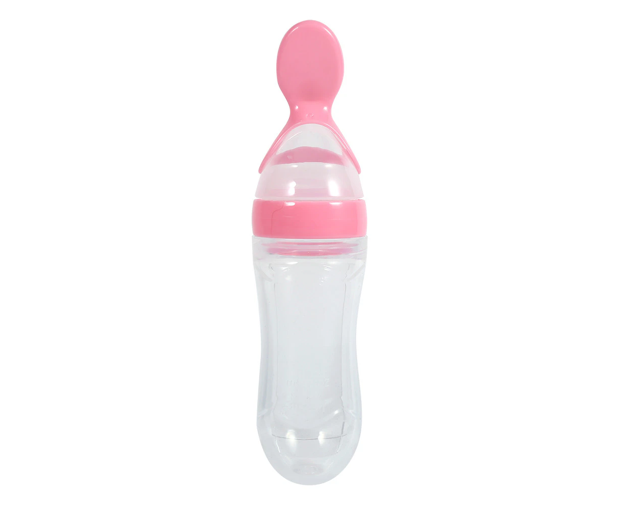 90ml Silicone Baby Toddler Feeding Bottle with Spoon, Fresh Food Cereal Squeeze Feeder, Pink