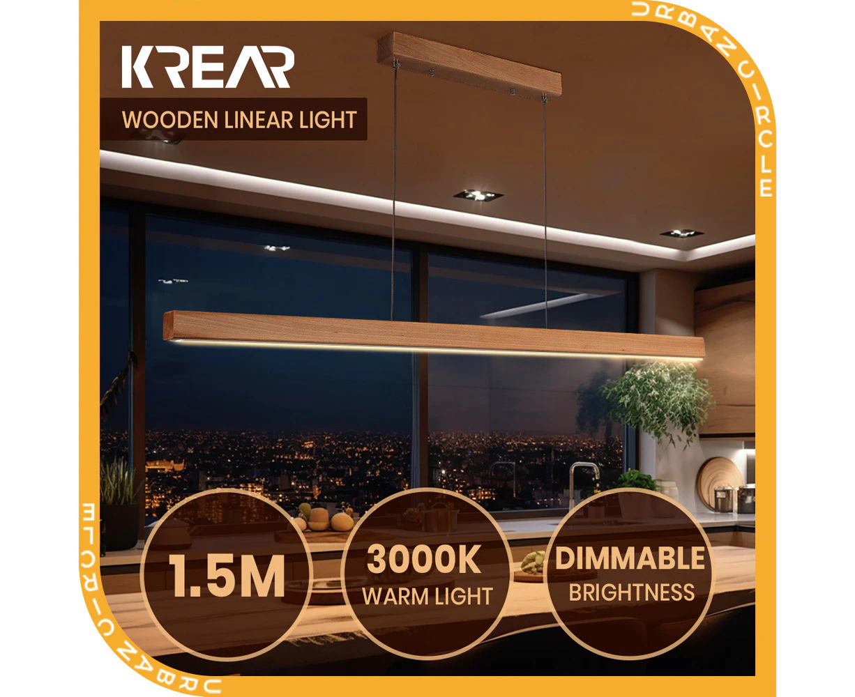 Krear 150cm Linear Pendant Light Beech Wood Led Kitchen Benchtop Drop Lights