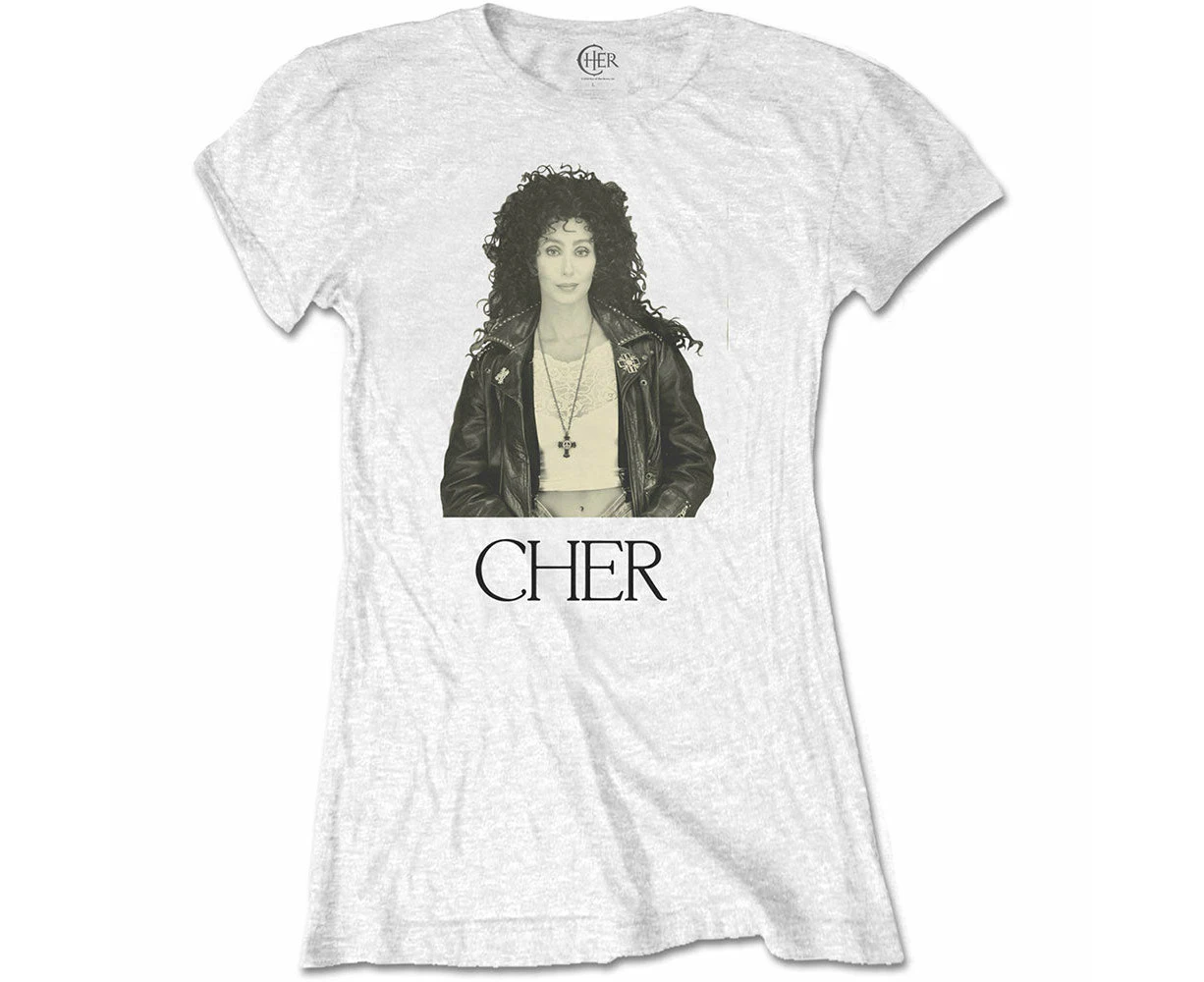 Cher T Shirt Leather Jacket Logo  Official Womens Skinny Fit - White