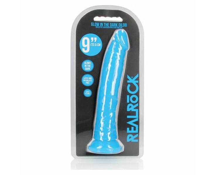 Realrock 9 Slim Glow In The Dark Dildo Neon Blue Unisex Anal And Vaginal Pleasure Toy