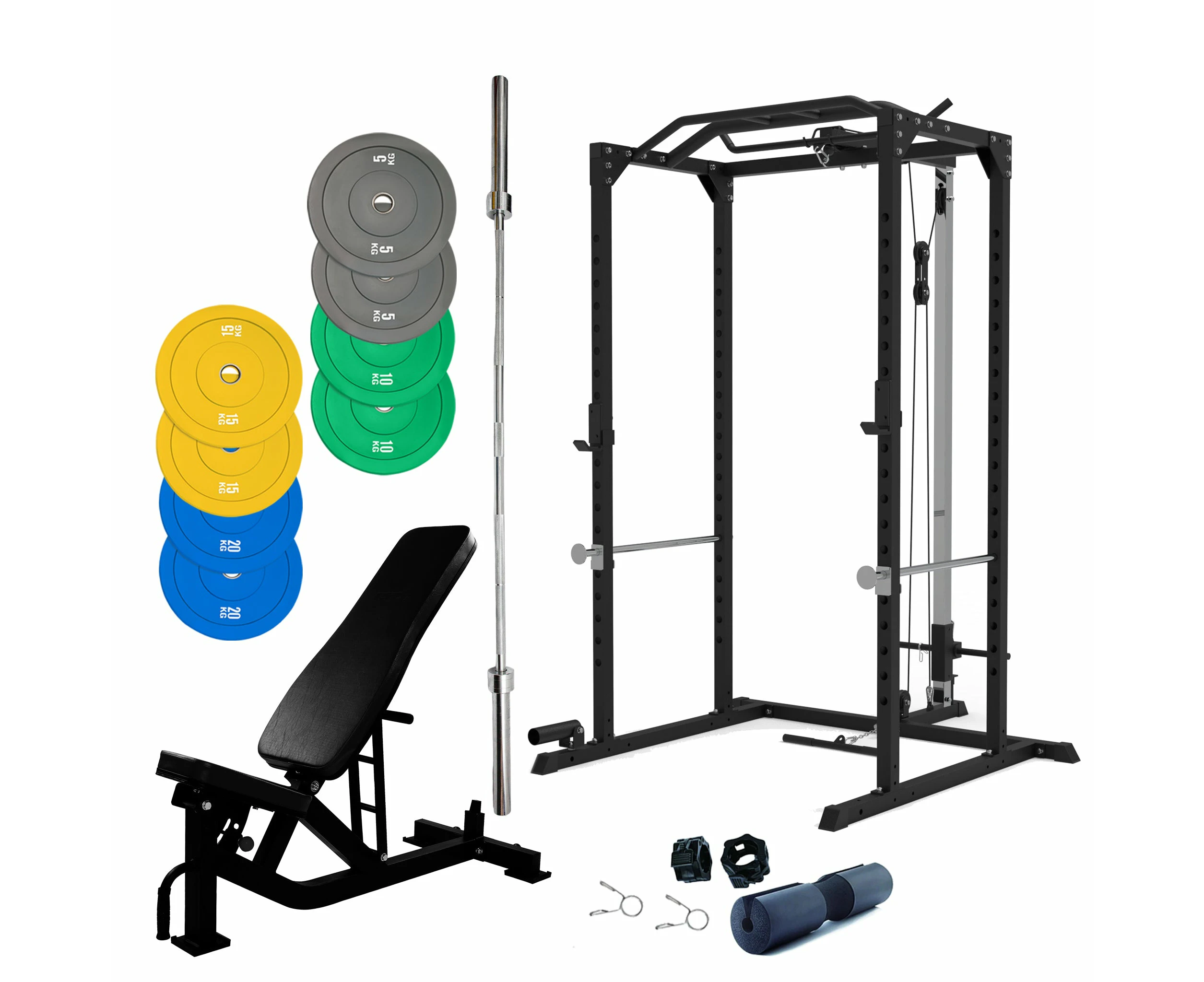 Squat Rack & Lat Pull Down Cage Bundle - 100kg Colour Bumper Weight Plates, Barbell & Bench