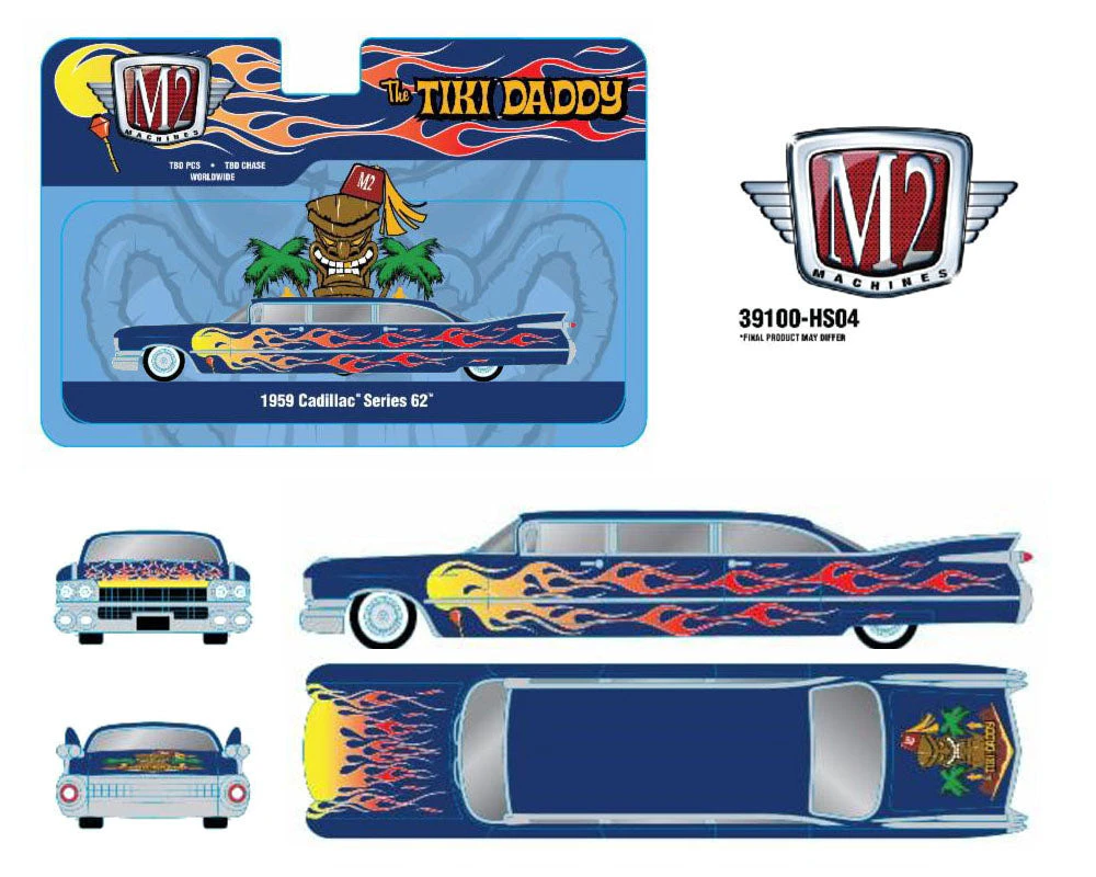 M2 Machines 1:64 Auto-Stretch 1959 Cadillac 62 Stretch Custom Tiki Daddy - Blue Flames - Hobby Exclusive