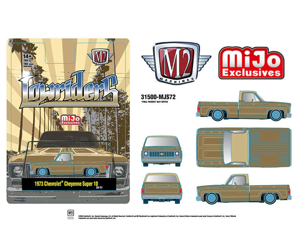 M2 Machines 1:64 1973 Chevrolet Cheyenne Super 10 Pickup Truck Lowriders Limited Edition - Gold - Mijo Exclusives