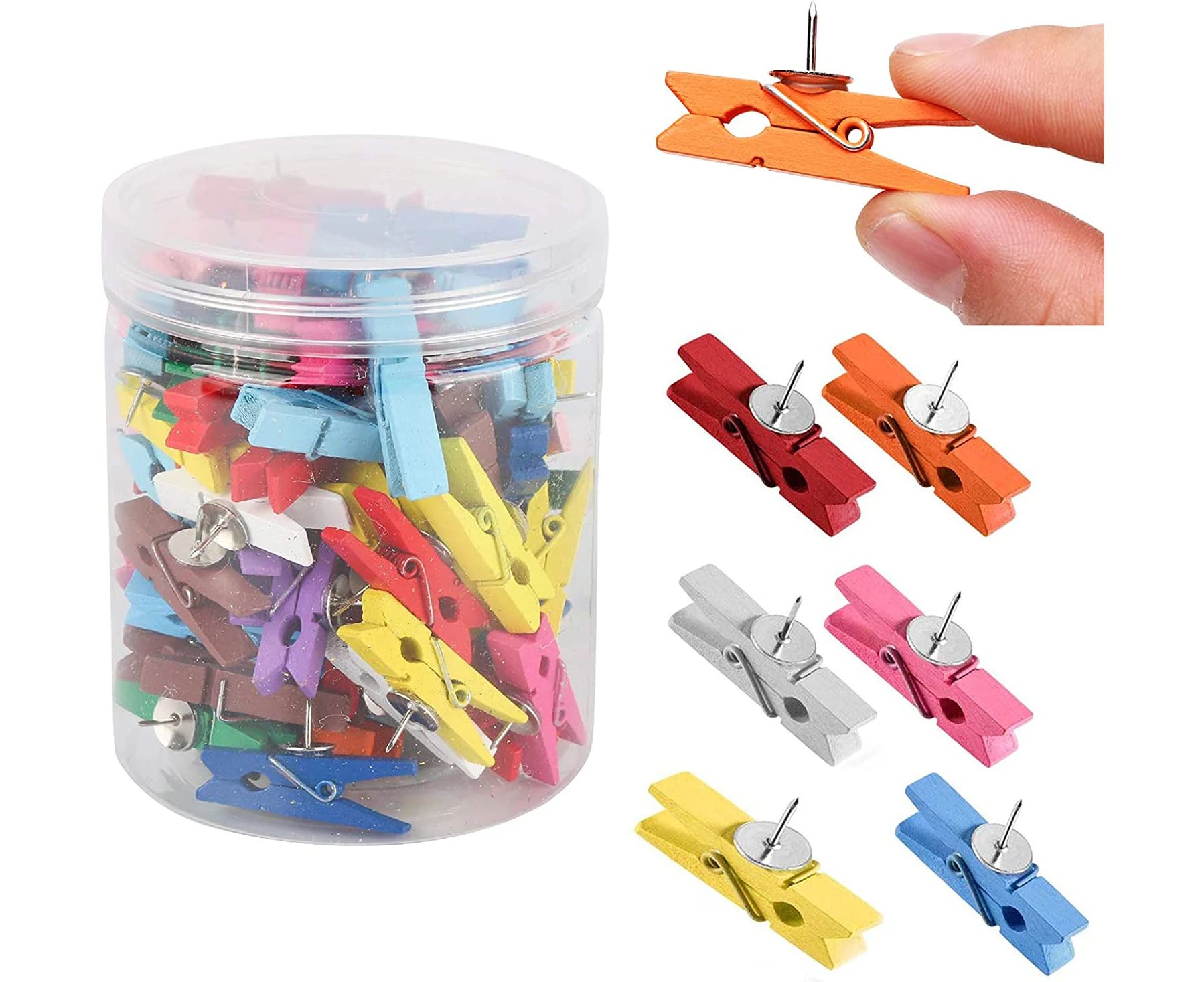 30 PCS Push Pin with Wooden Clips, Durable Wooden Push Pins, Decorative Pushpins Tacks Thumbtacks, Tacks for Cork Board