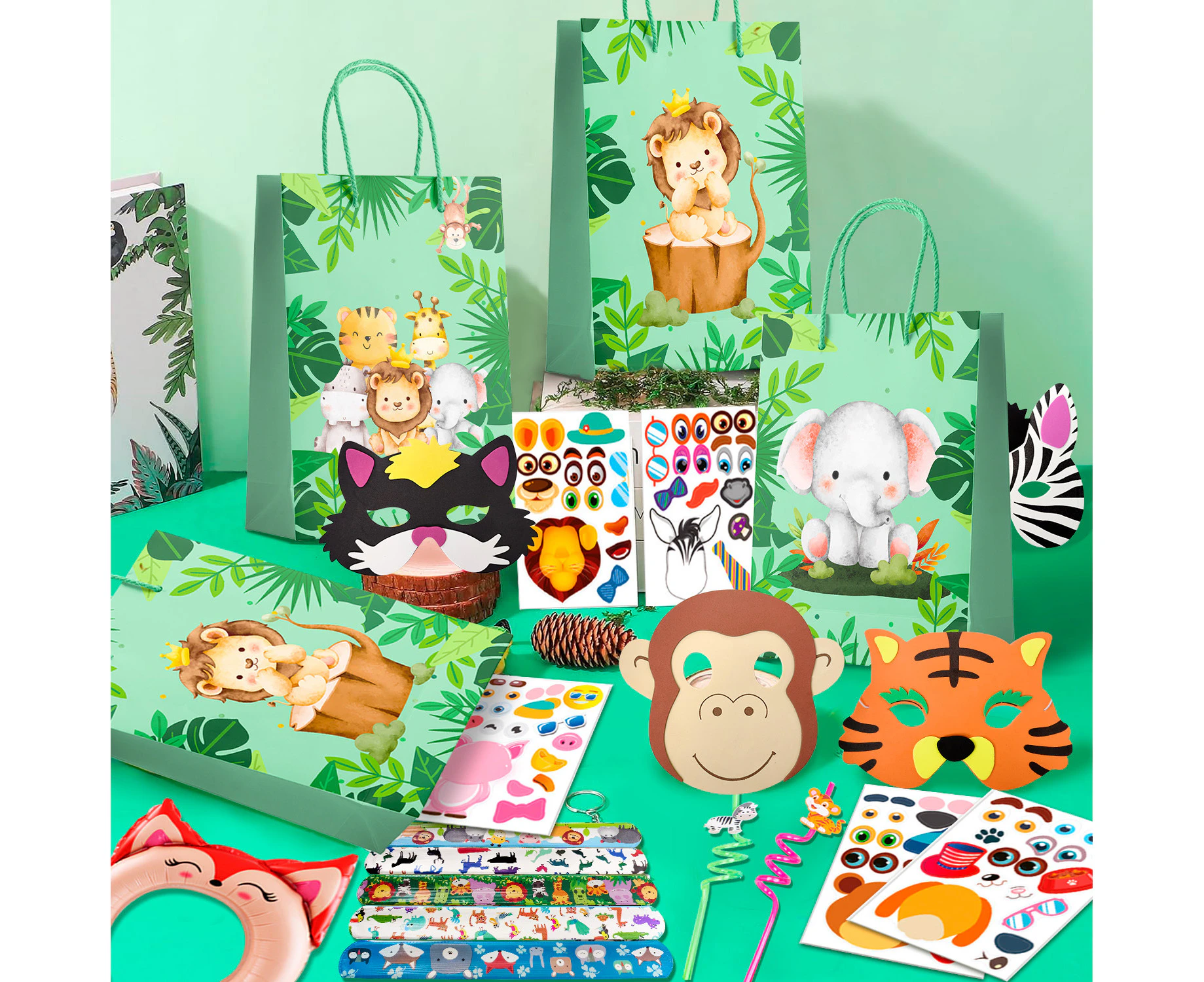 72Piece Jungle Safari Birthday Party Favour Set Includes Safari Party Slap Bracelets Safari Gift Bags & More Kids Jungle Party Favours.