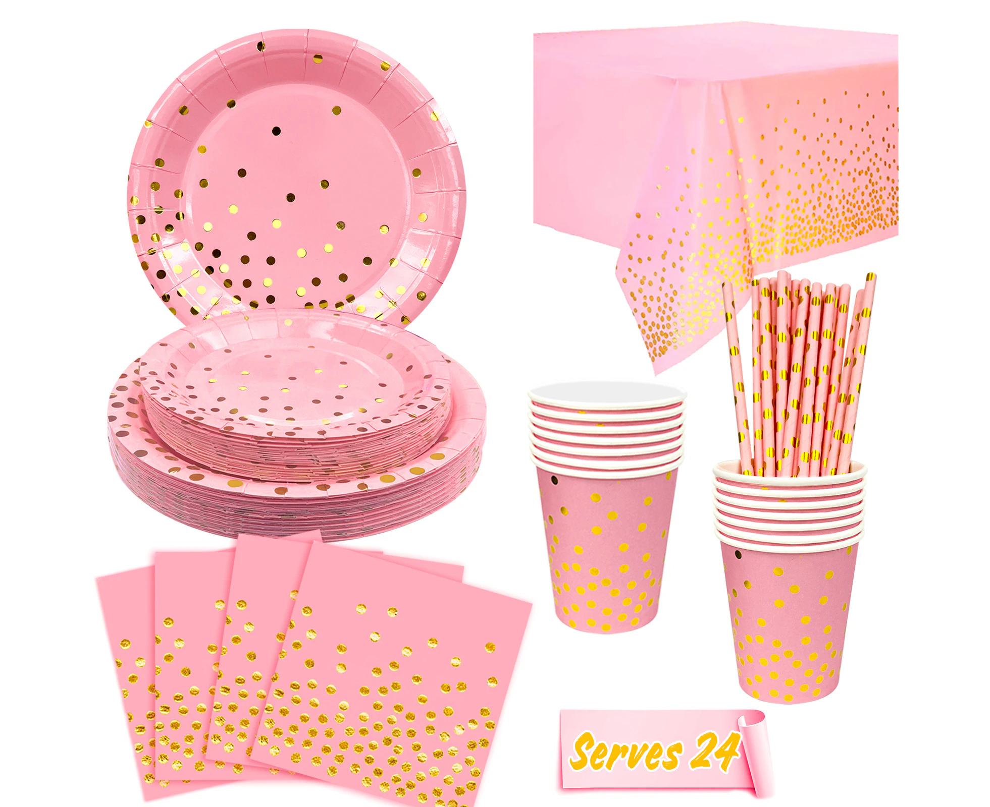 193pcs Pink & Gold Party Tableware Set, Pink and Gold Paper Plates Cups Napkins & Pink Gold Polka Dot Tablecloth etc Pink and Gold Party Supplies