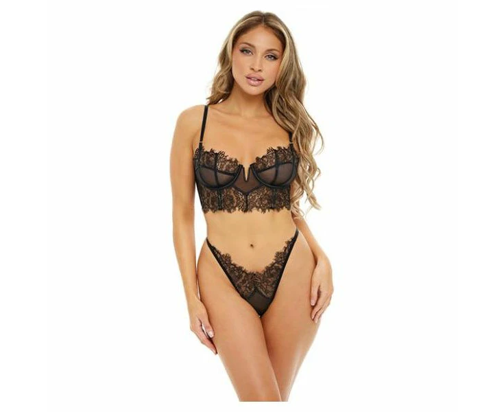 Cheyanne Intimate Collection: Underwire Eyelash Lace & Mesh Bra & G String Set Xl Sensual Black Lingerie For Women