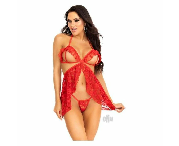 Lace Flyaway Babydoll Gstring 2pc Sm Red