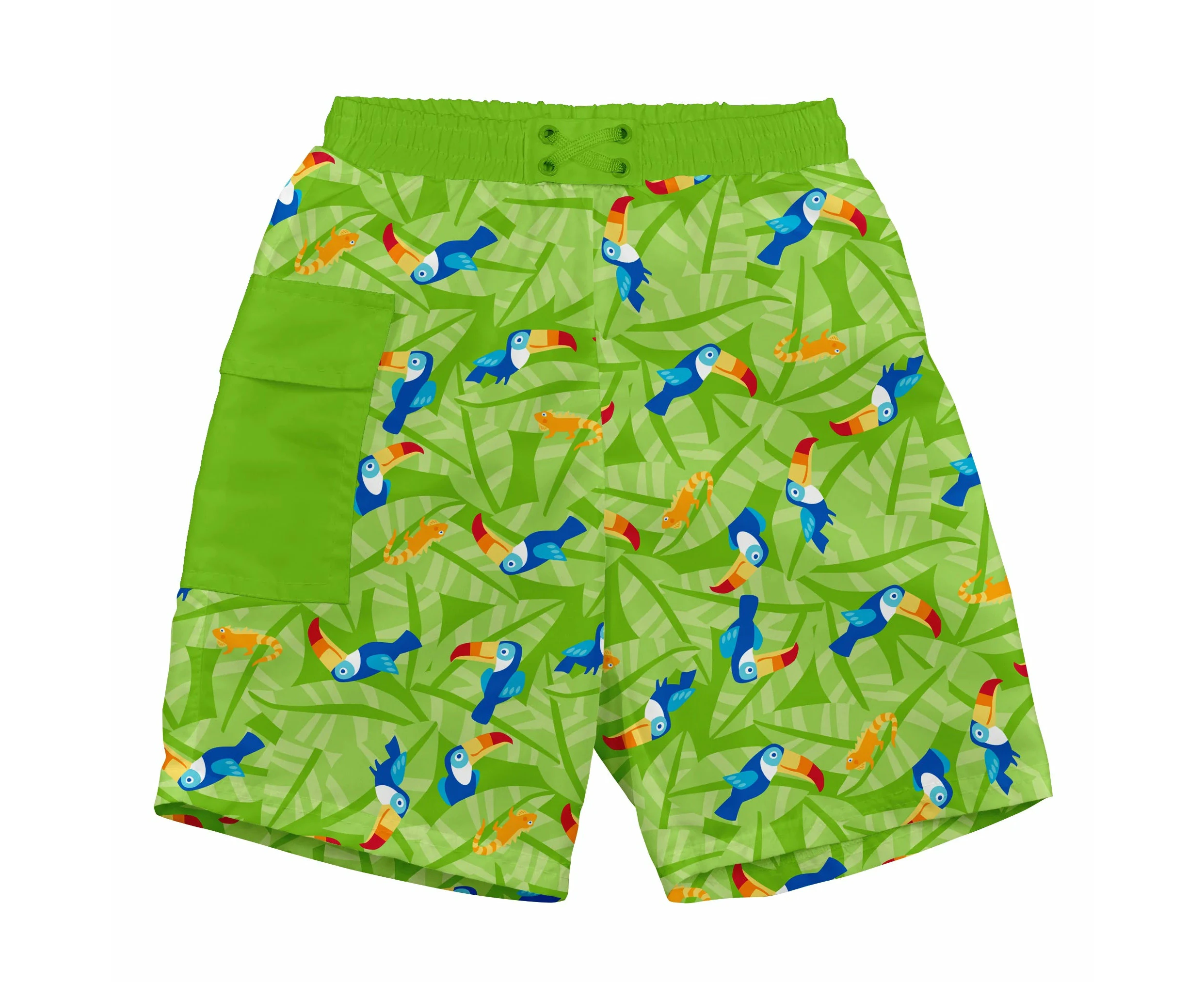 Green Sprouts | Board Shorts With built in Reusable Absorbent Swim Diaper - Tropical - Lime Toucan