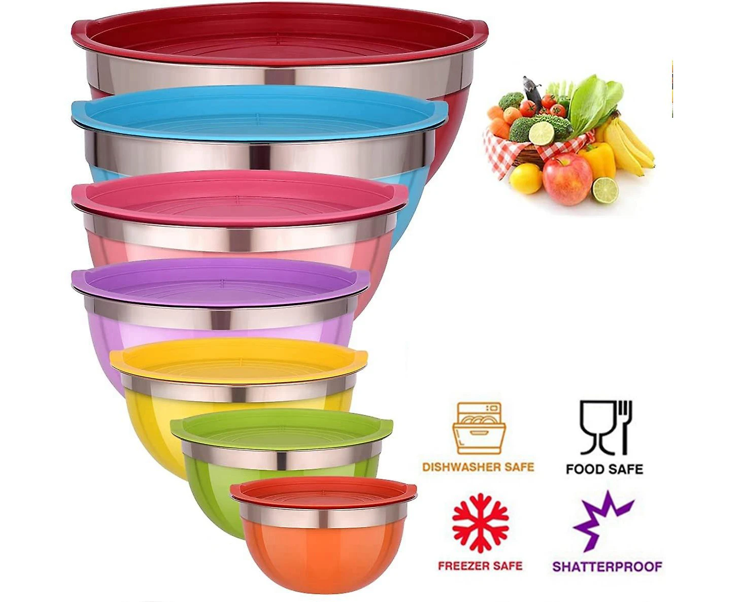 7pcs Colorful Stainless Steel Salad Mixing Bowls Set Kitchen Tools Stainless Steel Nesting Mixing Bowl With Lids Cooking Baking