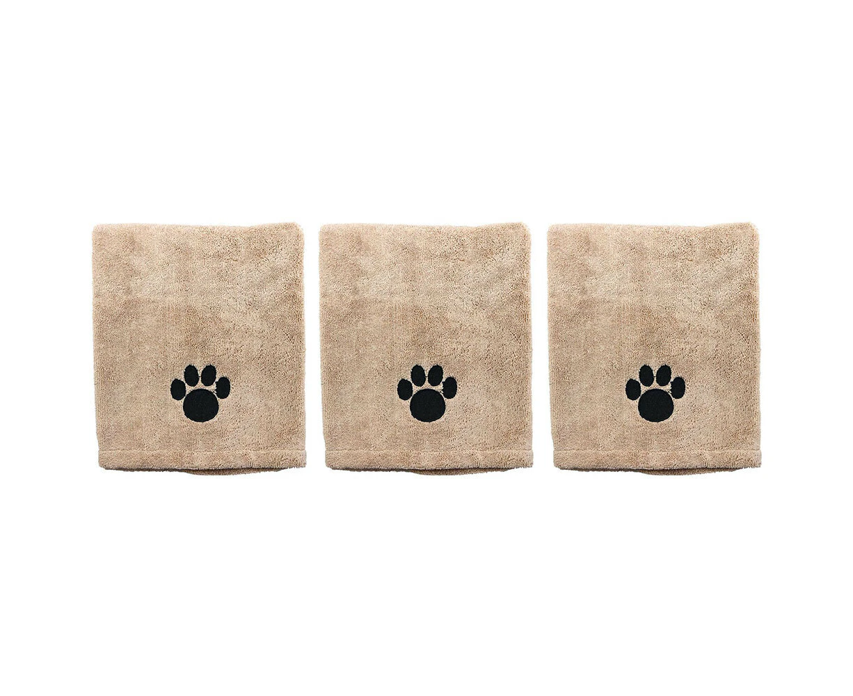 3x Paws & Claws 60x90cm Microfiber Drying Soft Towel Dogs/Cats/Pets Grooming BRN