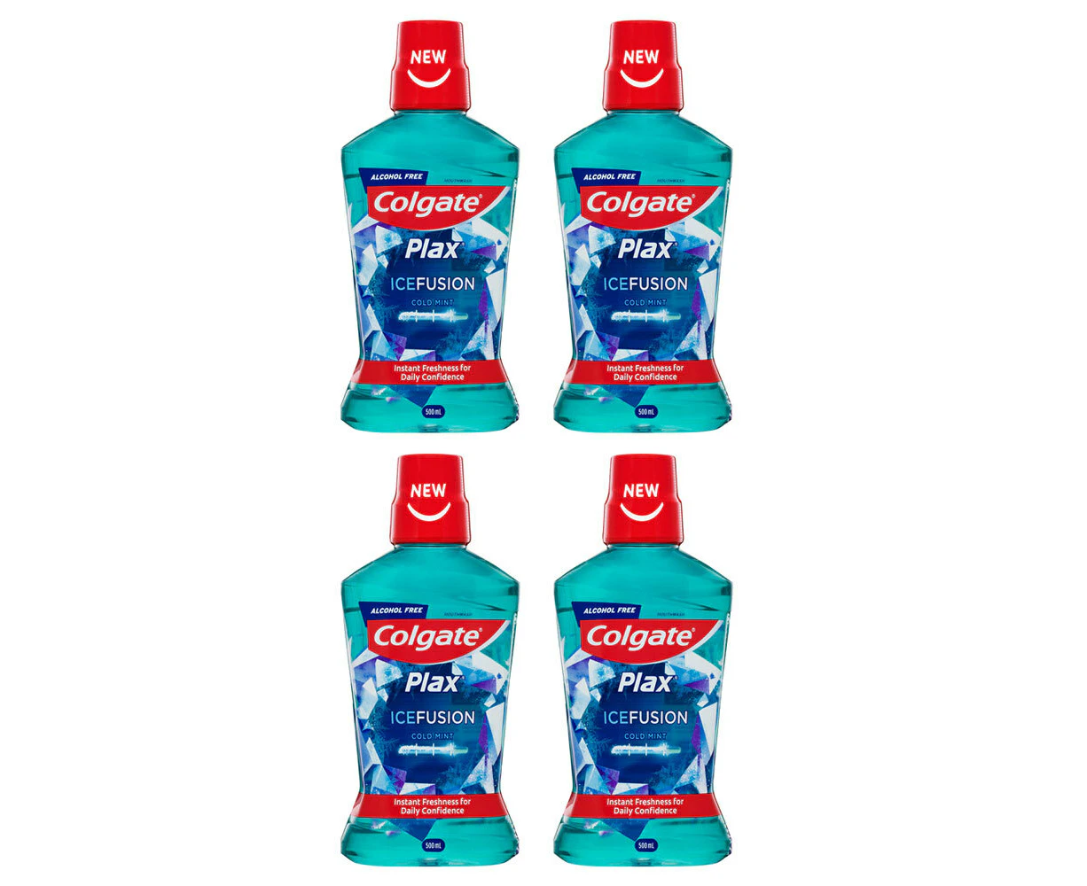 4x Colgate 500ml Plax IceFusion Cold Mint Mouthwash Alcohol Free Oral Care