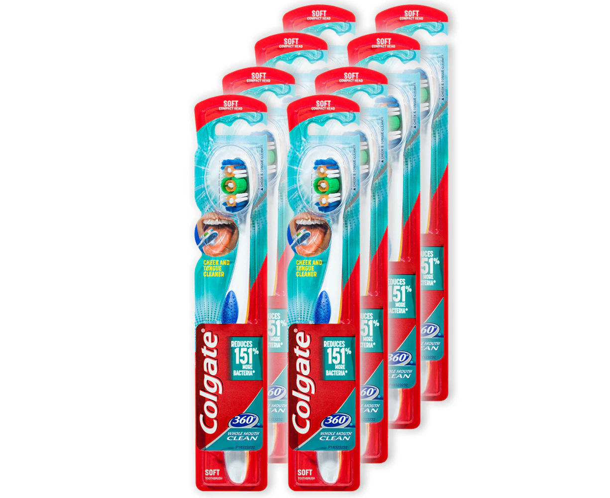 8PK Colgate 360° Clean Soft Bristles Toothbrush w/Cheek/Tongue Cleaner Assorted