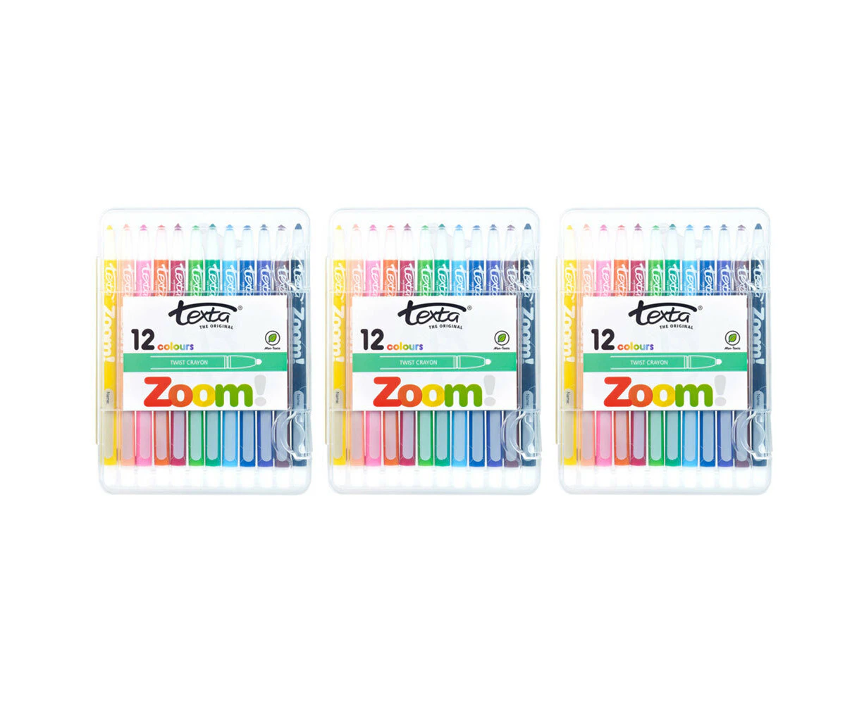 3x 12pc Texta The Original Zoom Kids Non Toxic Twist Colouring Crayons Hard Case