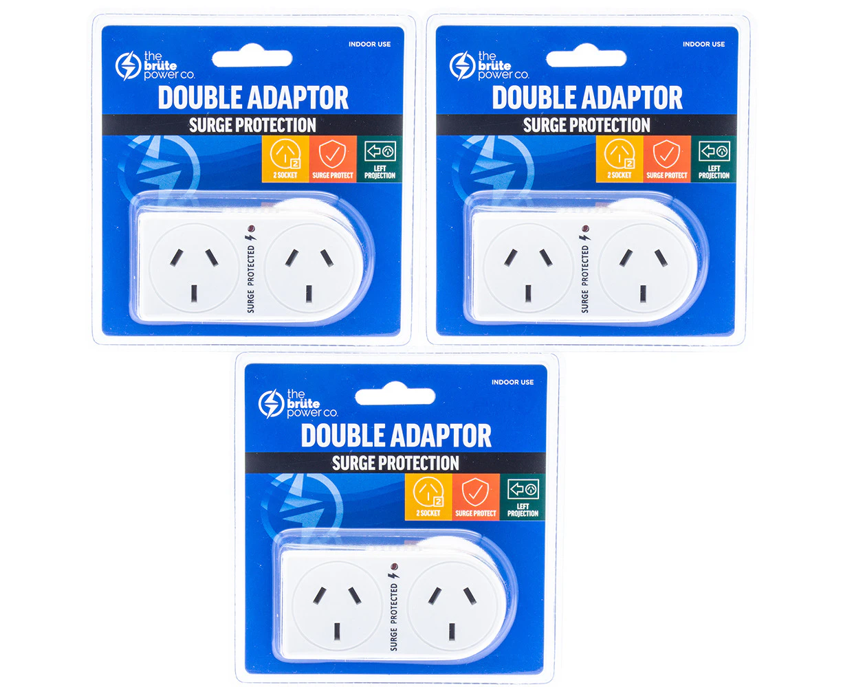 3PK The Brute Power Co Flat Left Double Plug Surge Protector Socket Adaptor