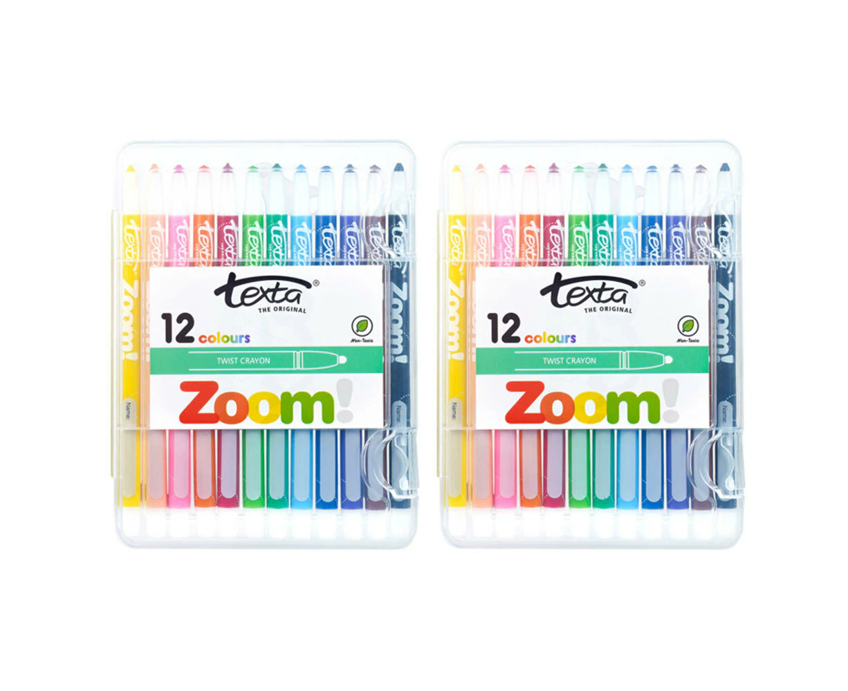 2x 12pc Texta The Original Zoom Kids Non Toxic Twist Colouring Crayons Hard Case