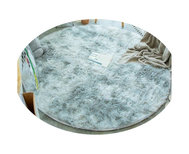 Grey Fluffy Faux Fur Round Rug Kids Room Plush Shaggy Rugs - Light Grey