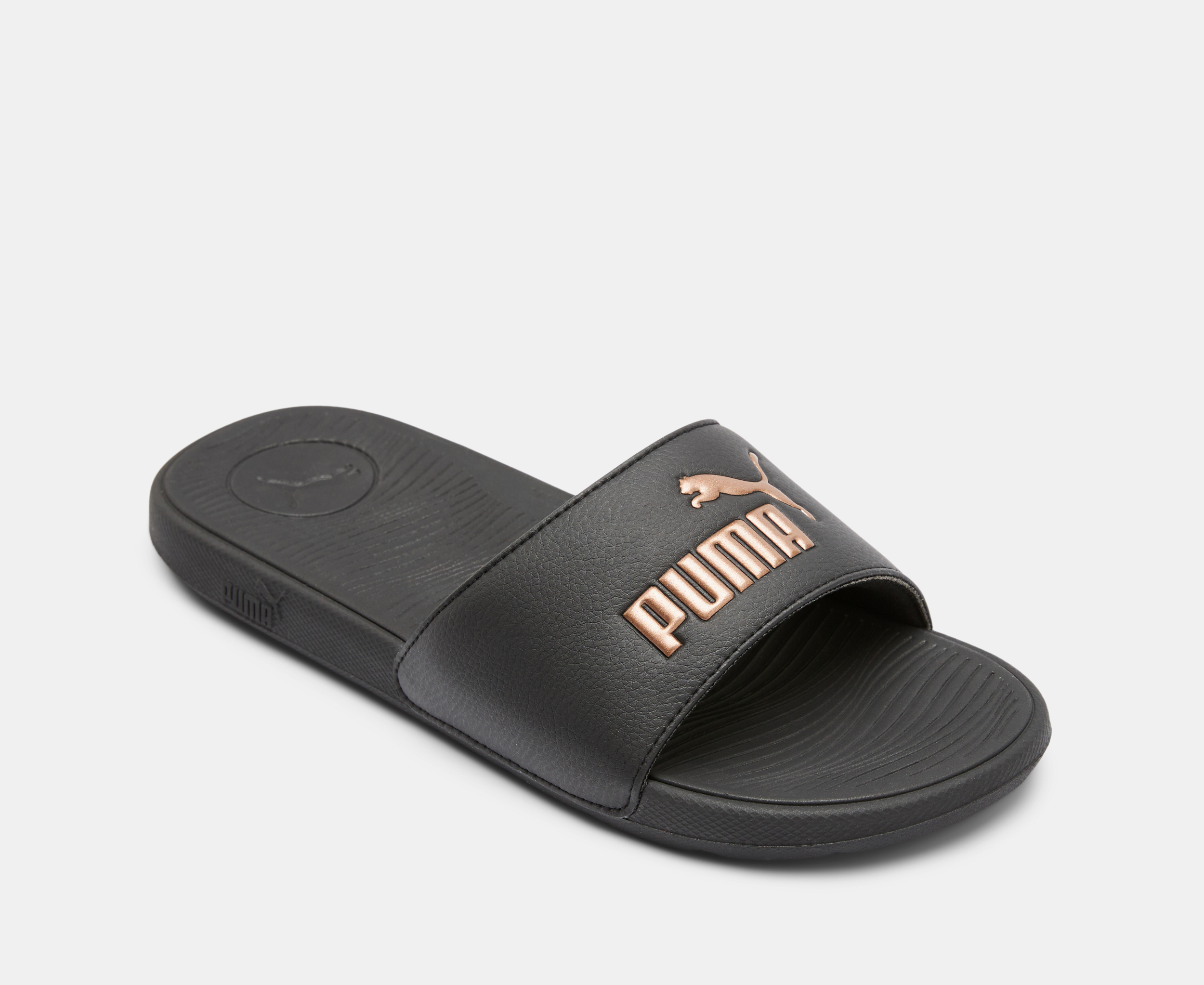 Puma sandals black and gold best sale