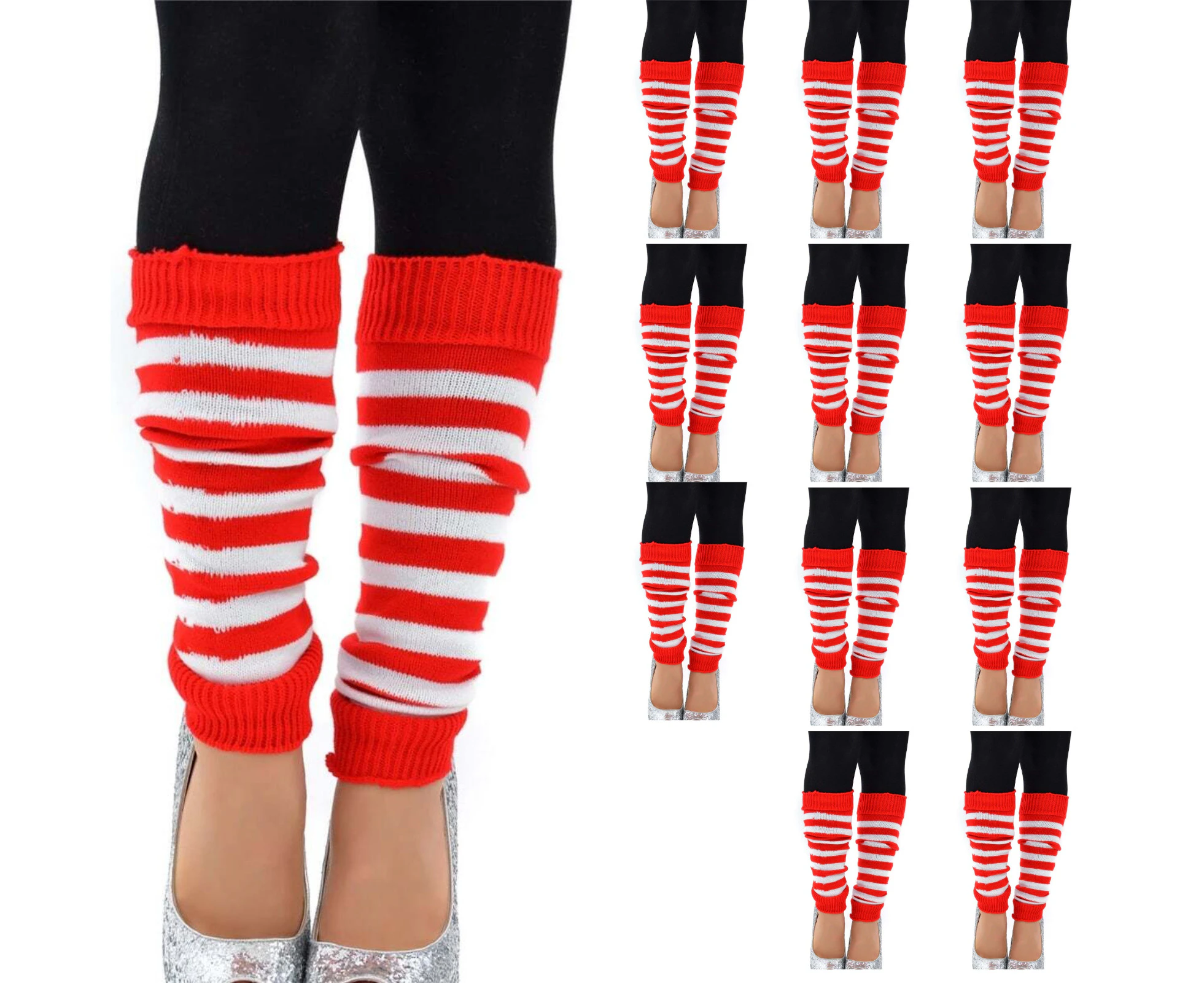 12x LEG WARMERS Knitted Womens Costume Neon Dance Party Knit 80s BULK - Red/White Stripe