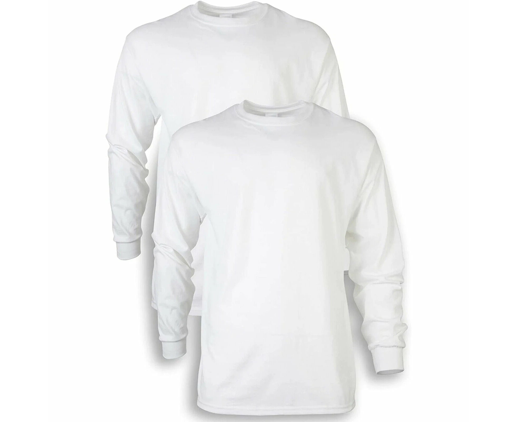 2 Pack Mens Cotton Crew Neck Long Sleeve Blank Plain Basic T-Shirt Tee Top Bulk - White