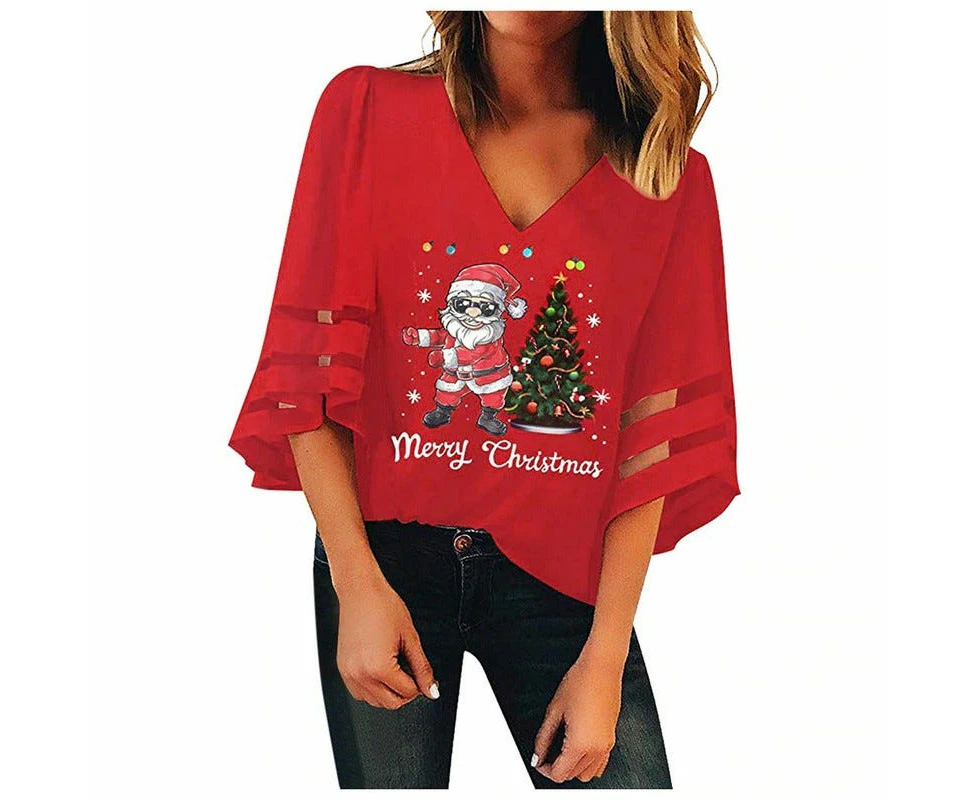 V Neck Christmas Womens Top - Red