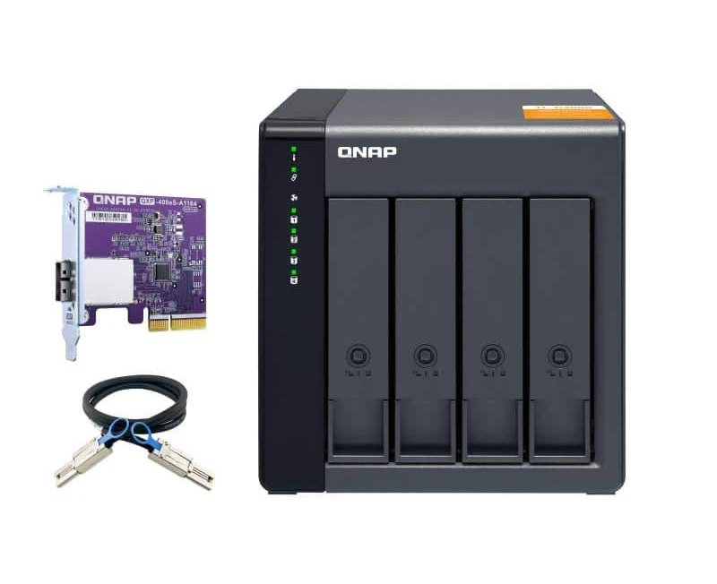 QNAP TL-D400S 4-bay desktop SATA JBOD expansion unit with a QXP-400eS-A1164 PCIe SATA host card and 1 SFF-8088 to SFF-8088 SAS/SATA 6Gb/2 Years WTY