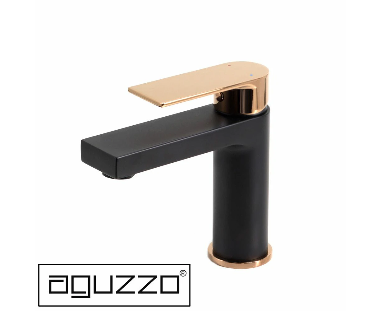 AGUZZO Prato Bathroom Single Lever Basin Mixer Tap - Matte Black with Rose Gold Handle