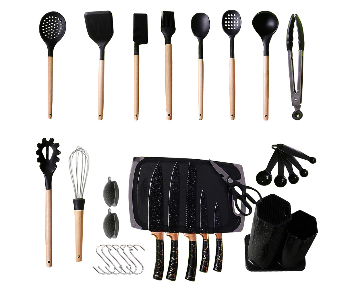 31pcs Kitchen Utensils Set Heat Resistant Cookware Wooden Handle Silicone Kitchen Cooking Utensils with Holder Non Toxic Spatula Spoons Turner Tongs Knife