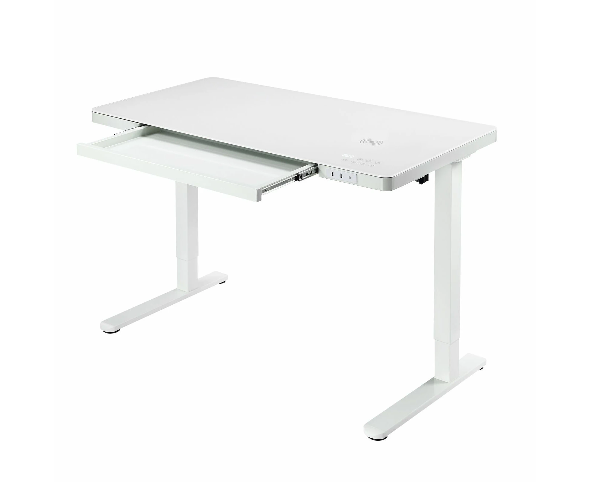 Electric Standing Desk Sit Stand Up Computer Office Furniture Motorised White Height Adjustable Table with Storage Tempered Glass Top Wireless USB