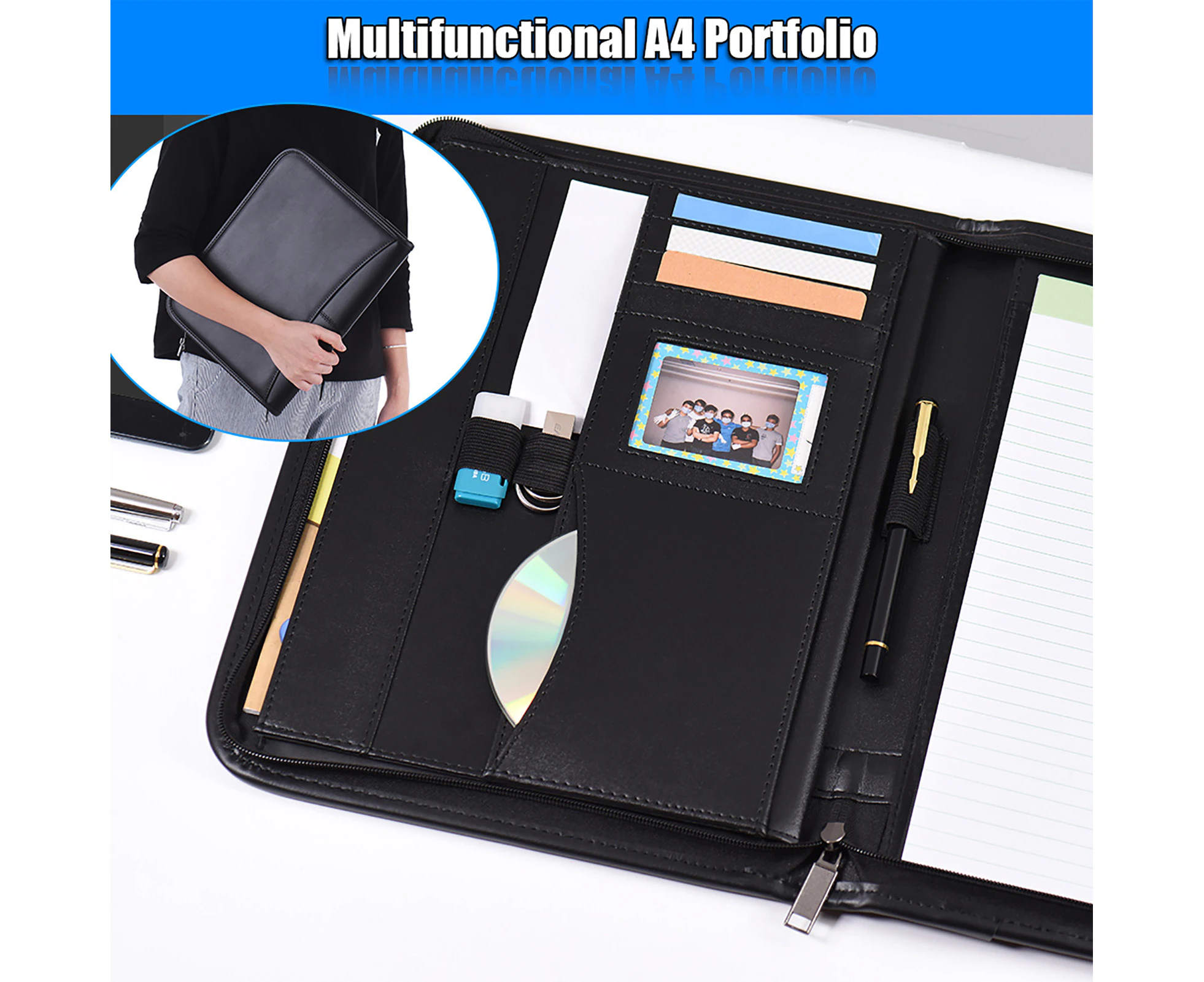 Multifunctional Professional Business Portfolio Padfolio Folder Document Case Organizer A4 PU Leather Zippered Closure with Business Card Holder Memo Note