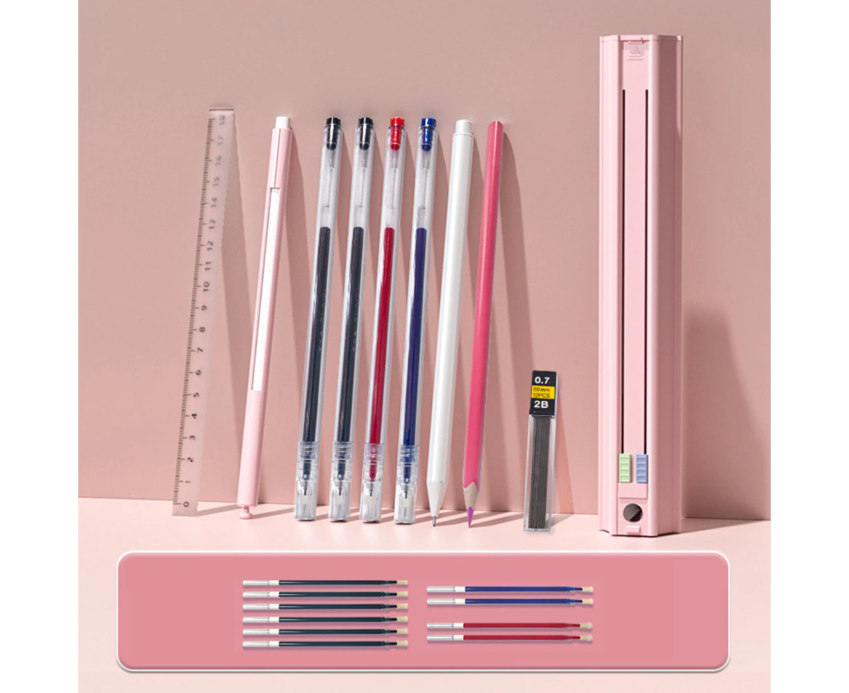 Cute Pencil Box Hexagonal Standing Pen Holder Multi-Function Push-Pull Stationery Box Set Design with Ruler and Detachable Pencil Sharpener and Eraser Hard