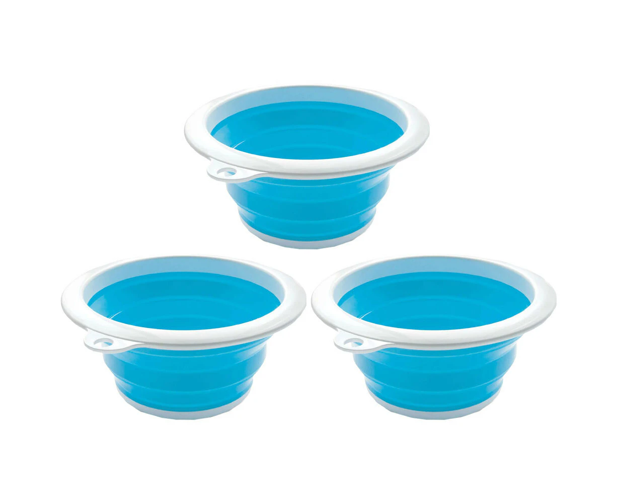 3x Roger Armstrong Round Folding Silicone & Plastic Collapsible Bucket 6L Blue