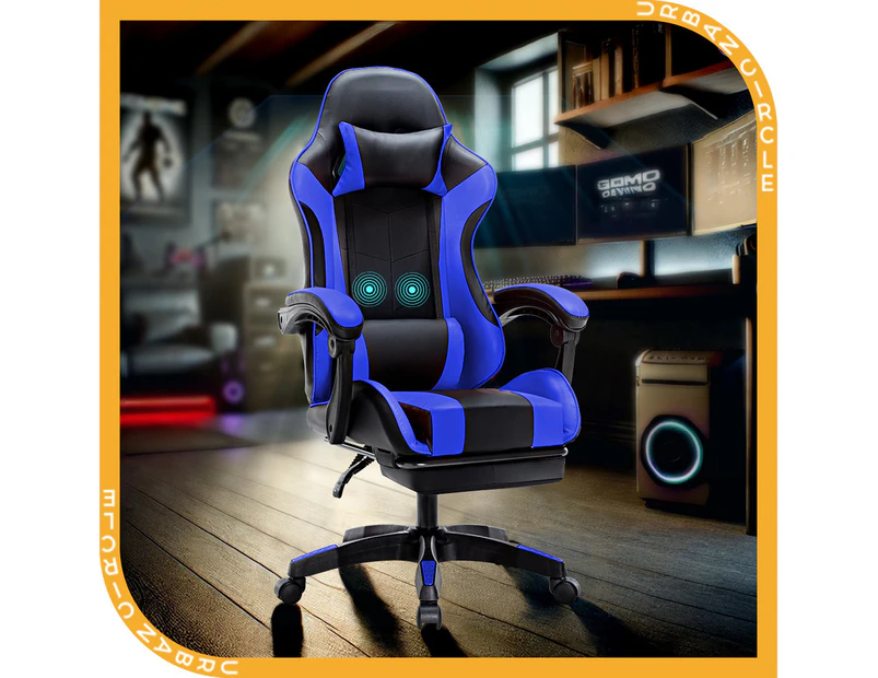 Furb Gaming Chair with Footrest and Massage, PU Leather 1350 Recline Ergonomic Office Chair Blue