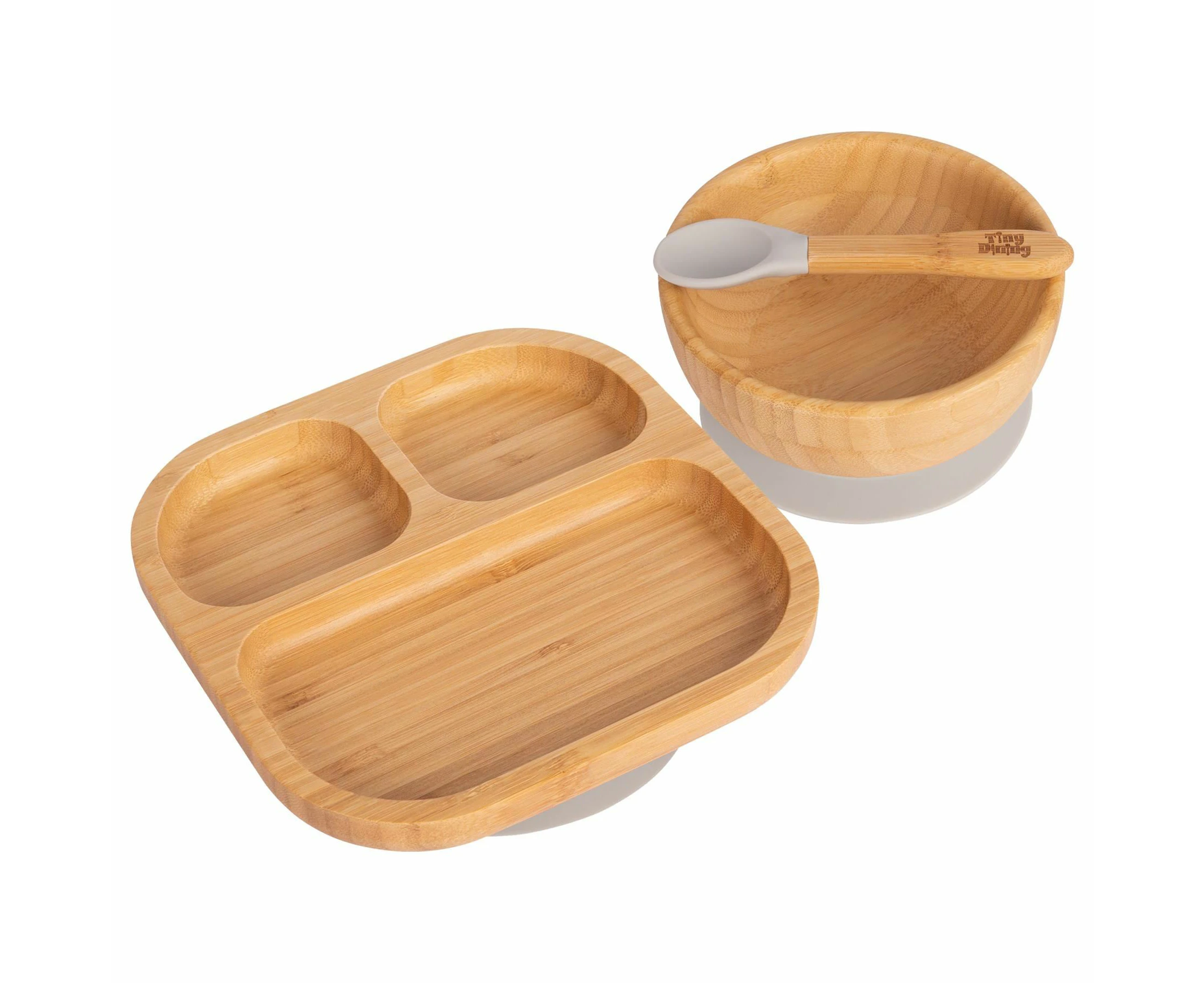 Grey Children's Bamboo Suction Dinner Set - Stay Put Silicone Cup - Segmented - Eco-friendly - by Tiny Dining