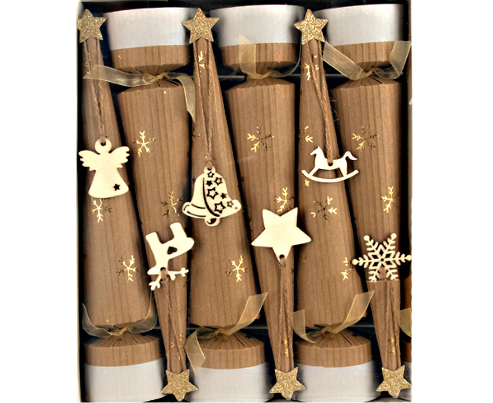 Conical Kraft Christmas Crackers with Timber Decorations 6pk