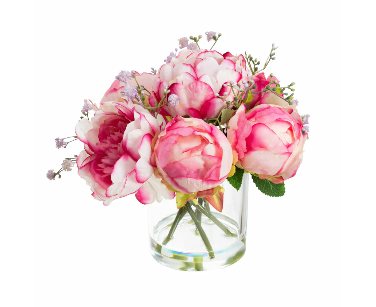 Glamorous Fusion Lilac Peony Rose  Artificial Fake Plant Decorative Arrangement 25cm In Glass