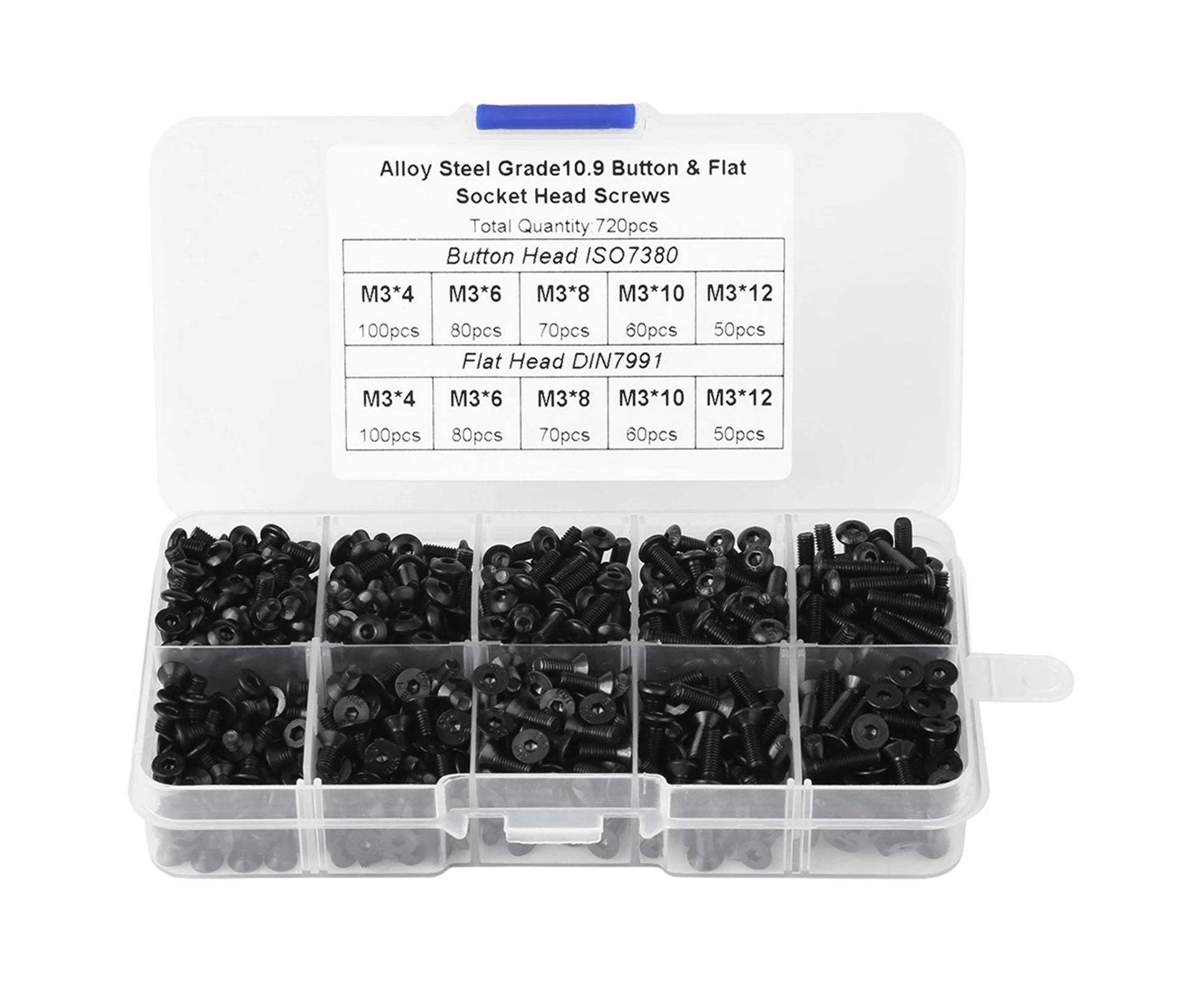 720pcs M3*4/6/8/10/12 Black Alloy Steel Flat Head Hex Socket Screws with Plastic Box