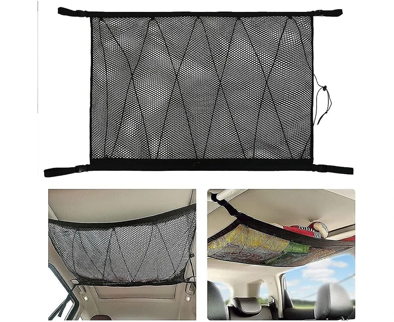 Car Ceiling Cargo Net Pocket Interior Overhead Roof Top Bag Hanging Sundries Storage Organizer Mesh Organizer Bag Luggage Carrier Net With Dra