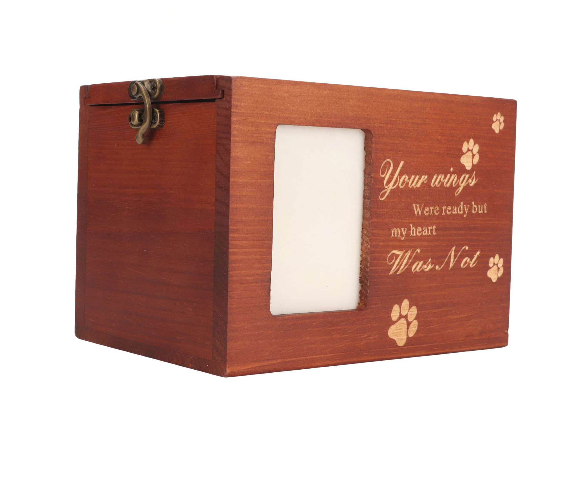 Pet Wood Urn Box with Photo Frame Memorial Wooden Pet Ashes Casket with Carved Paw Pattern and Text for Dog Cat