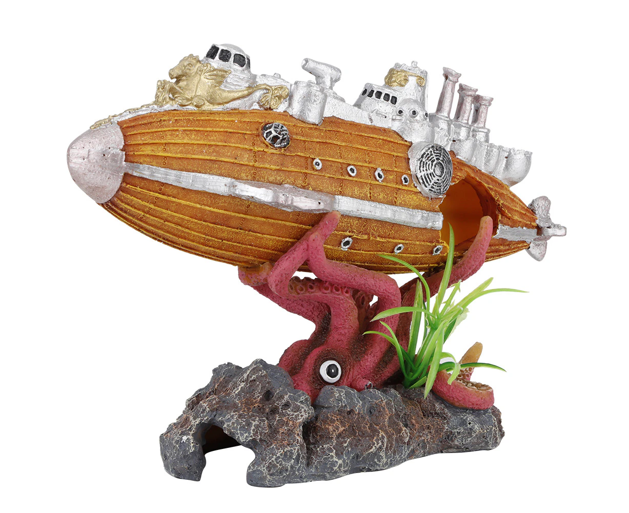 Resin Shipwreck Airship Octopus Shelter Water Aquarium Fish Tank Landscape Decoration