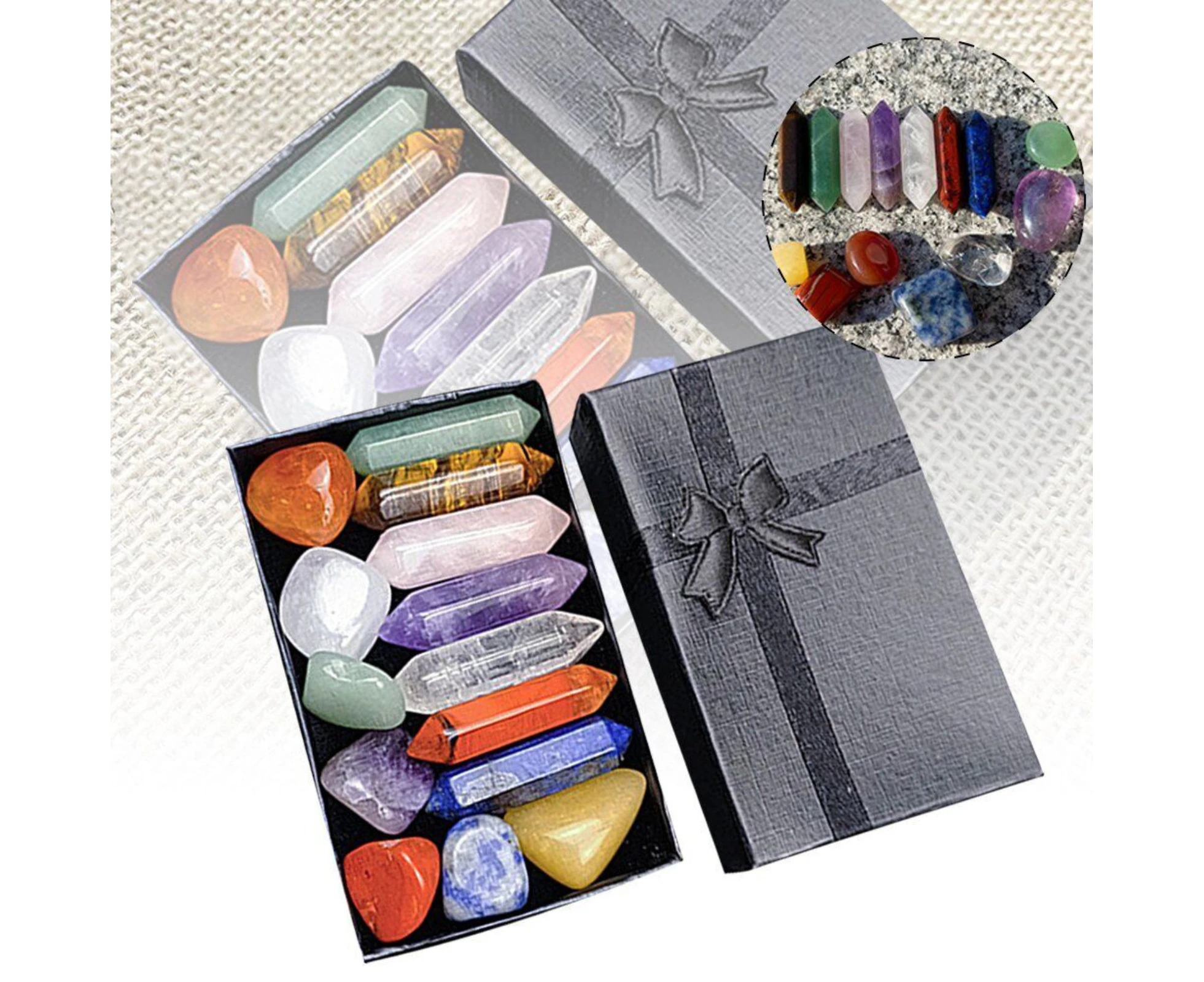 Natural Crystal Quartz 14Pc/set Reiki Healing Crystals Kit with Gift Box