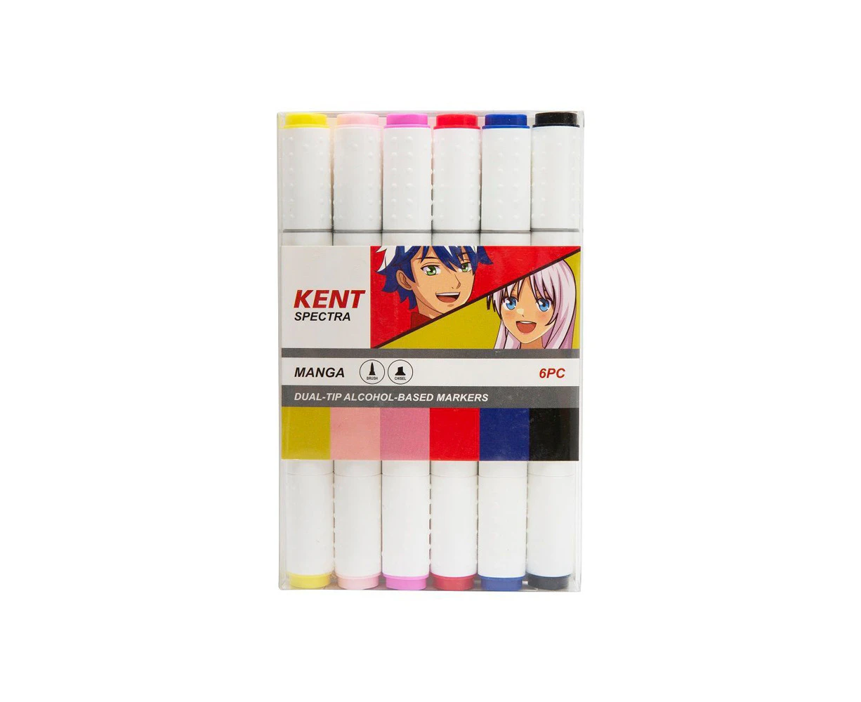 6pc Kent Spectra Graphic Markers Brush Chisel Nib Drawing/Design Manga Set