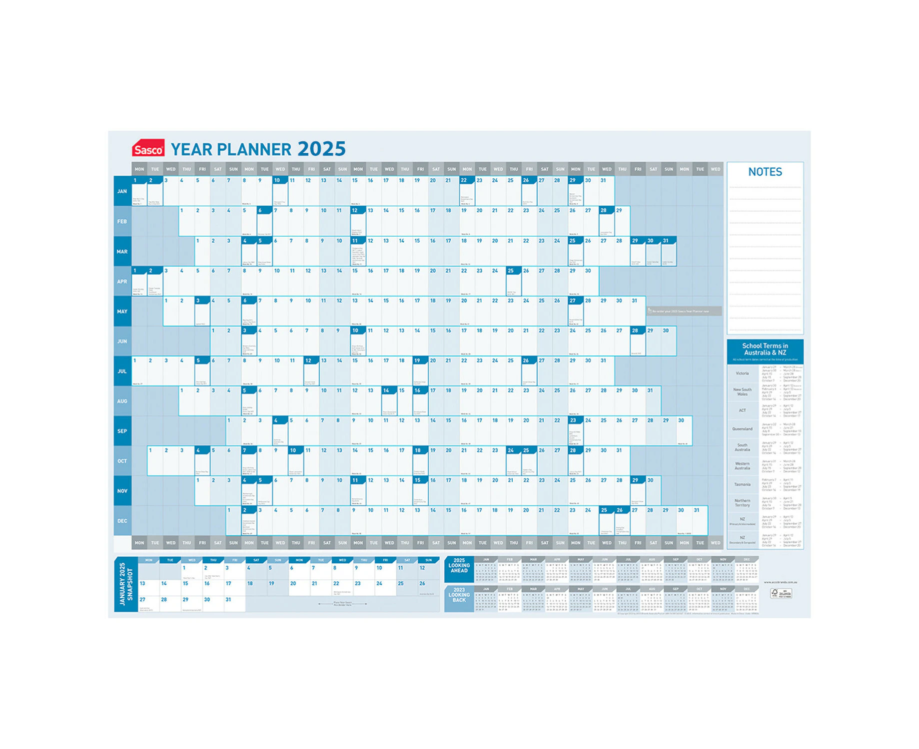 2025 Year Planner Sasco 870x610mm Standard Wall 1058025