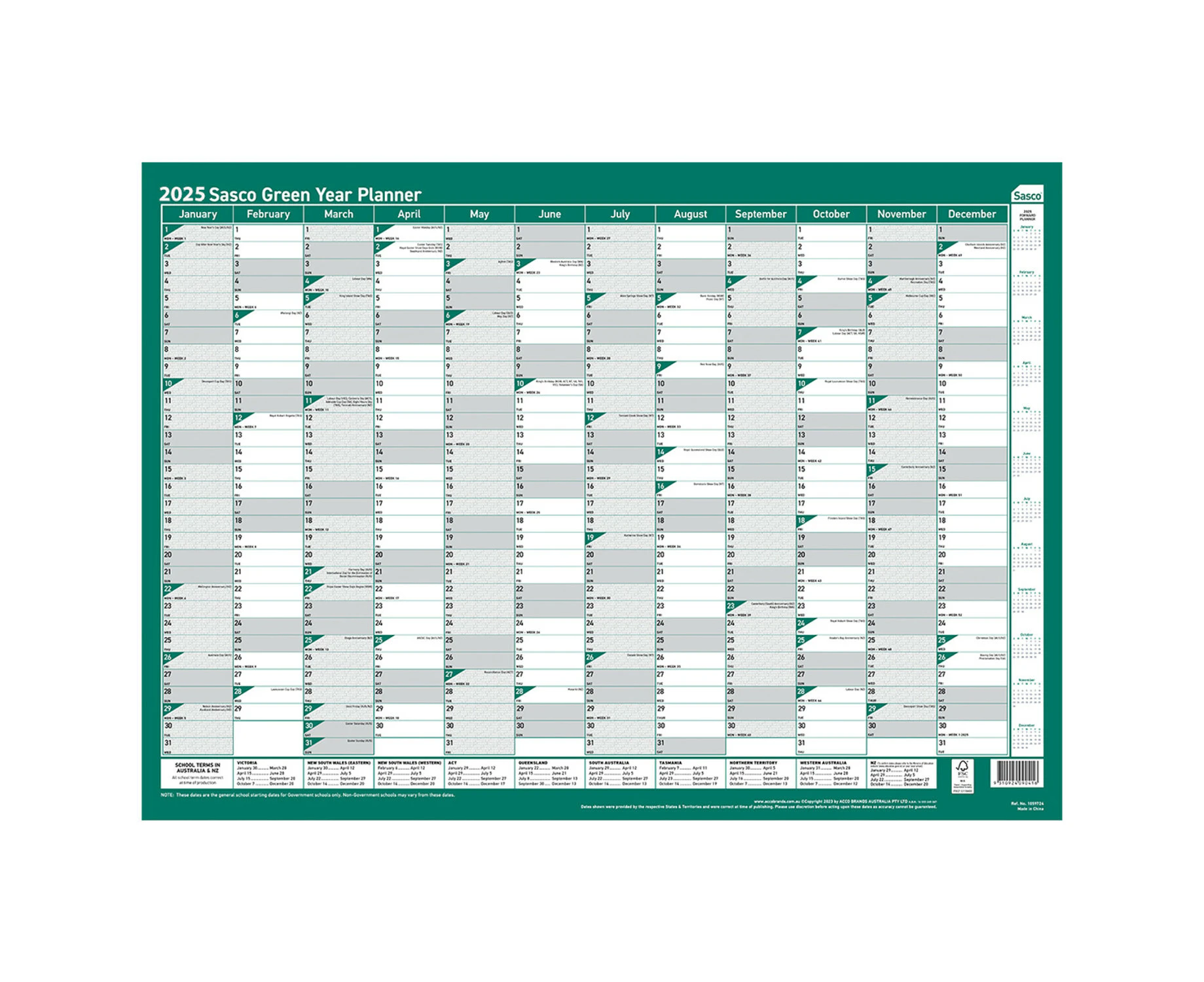 2025 Year Planner Sasco 700x500mm Wall Green 1059725