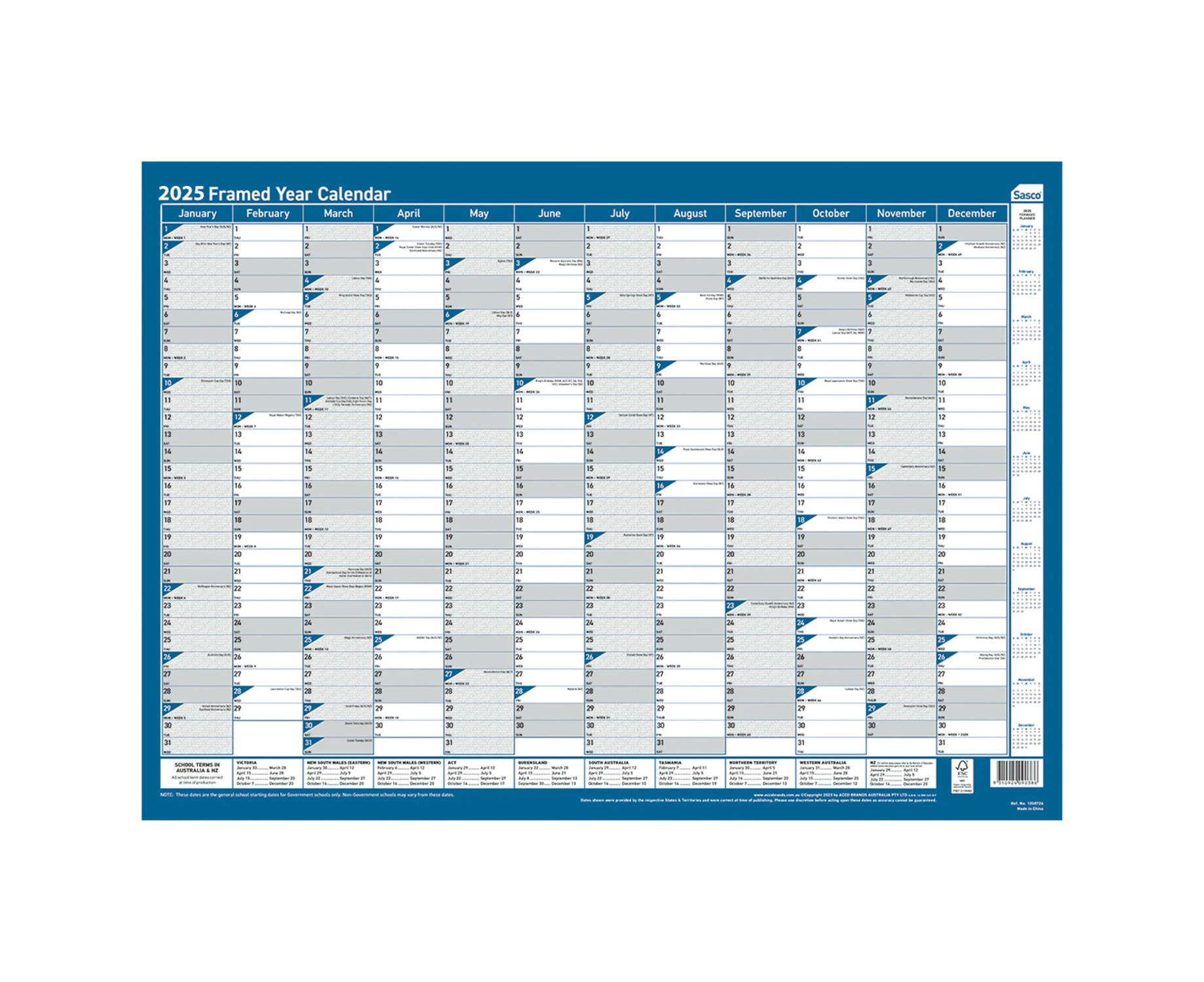 2025 Year Planner Sasco 700x500mm Wall Framed 1058725