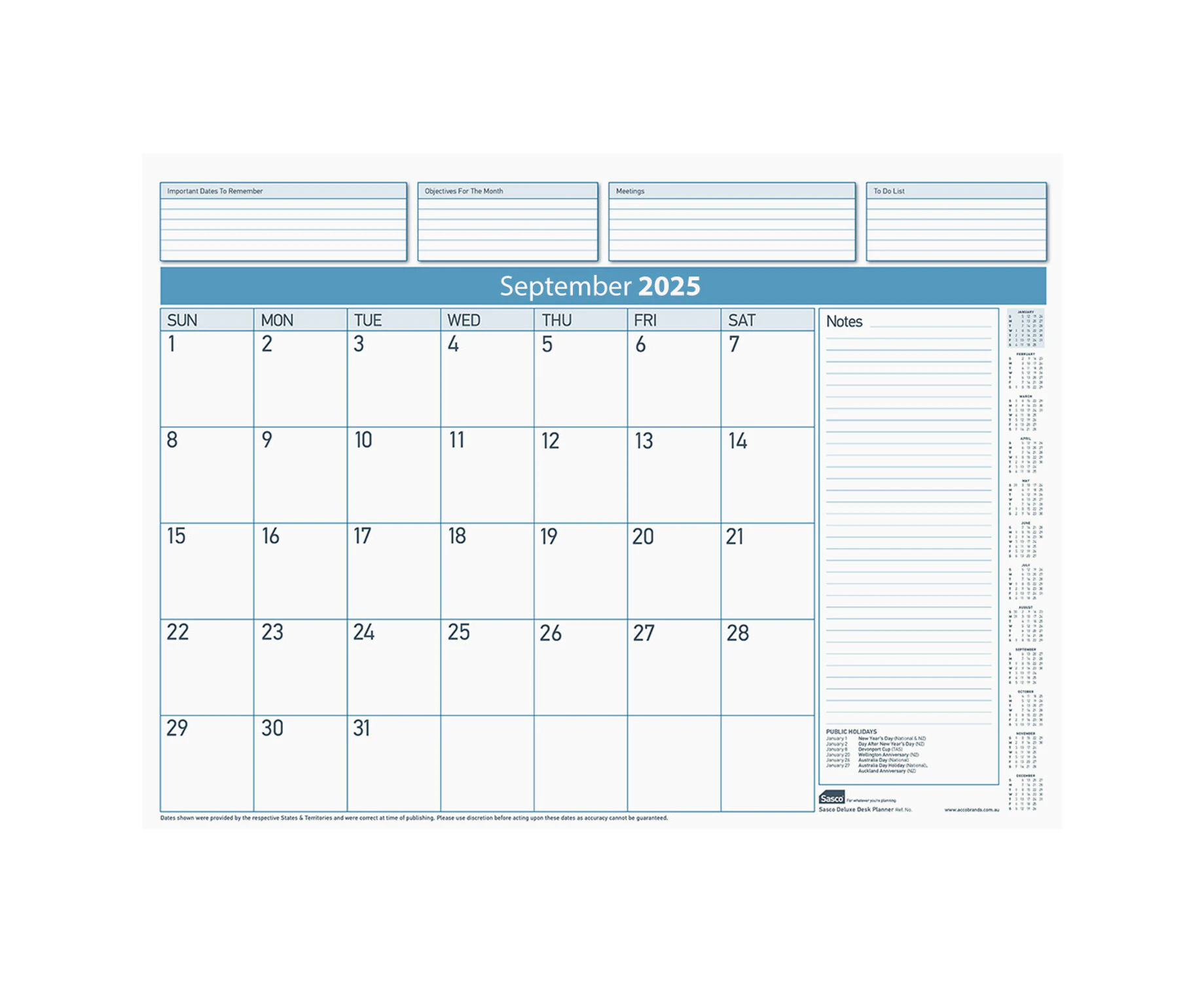 2025 Refill Sasco Deluxe Desktop Planner 518x387mm Month to View 1055225RFL