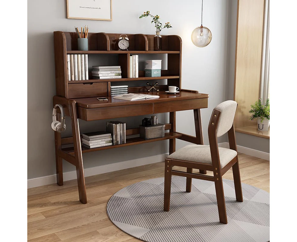 Ave Solid Wood Study Desk with Shelf and Drawers/Bookcase/Rubberwood/Walnut