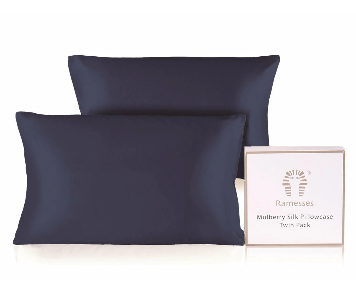 Ramesses Ultra Soft Premium Twin Pack Mulberry Silk Pillowcases | Set of Two Natural Hypoallergenic Silk Pillowcases | 10 Colours - Navy