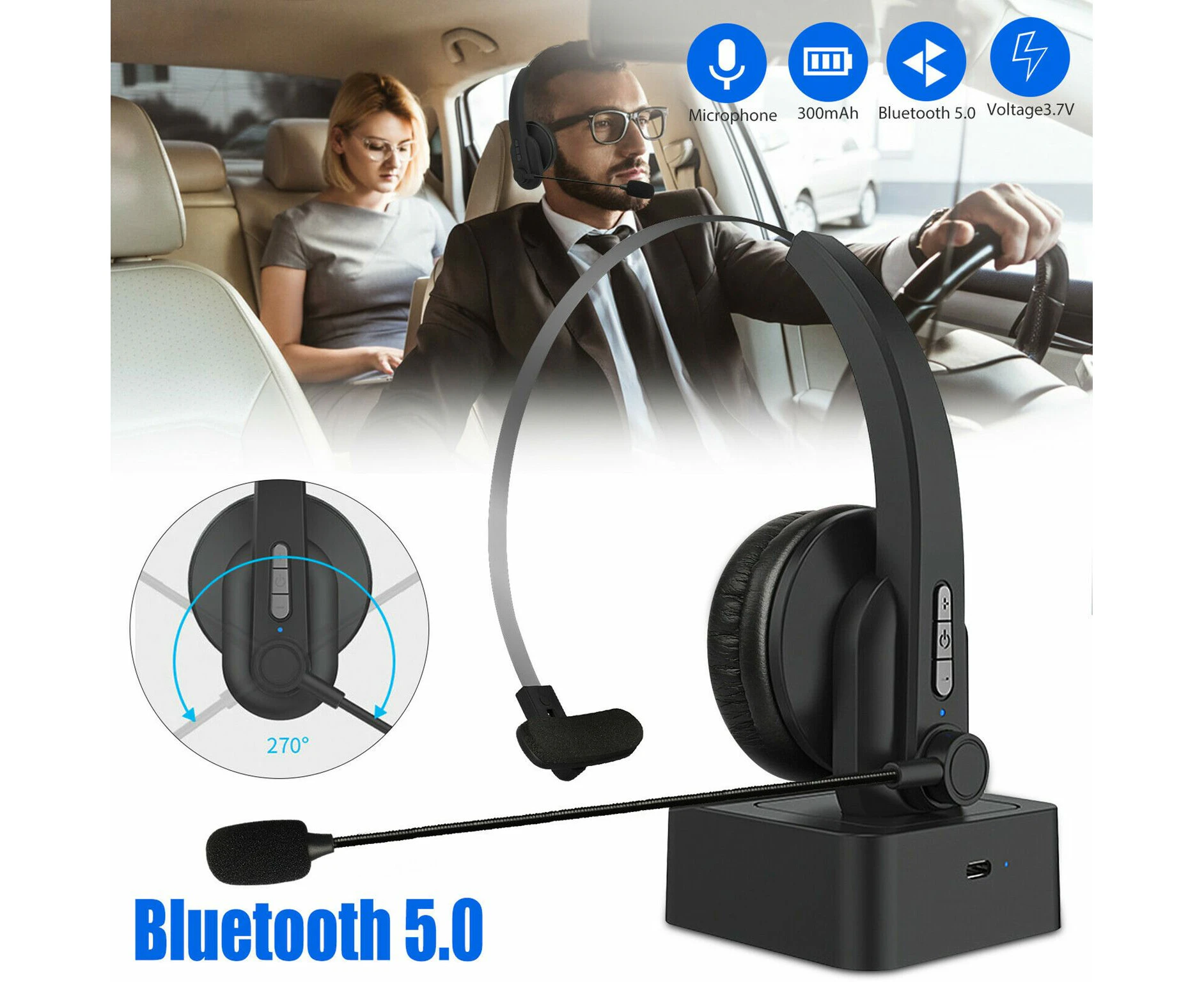 Trucker Driver Headset Bluetooth5.0 Wireless Noise Cancelling Over the Head Boom