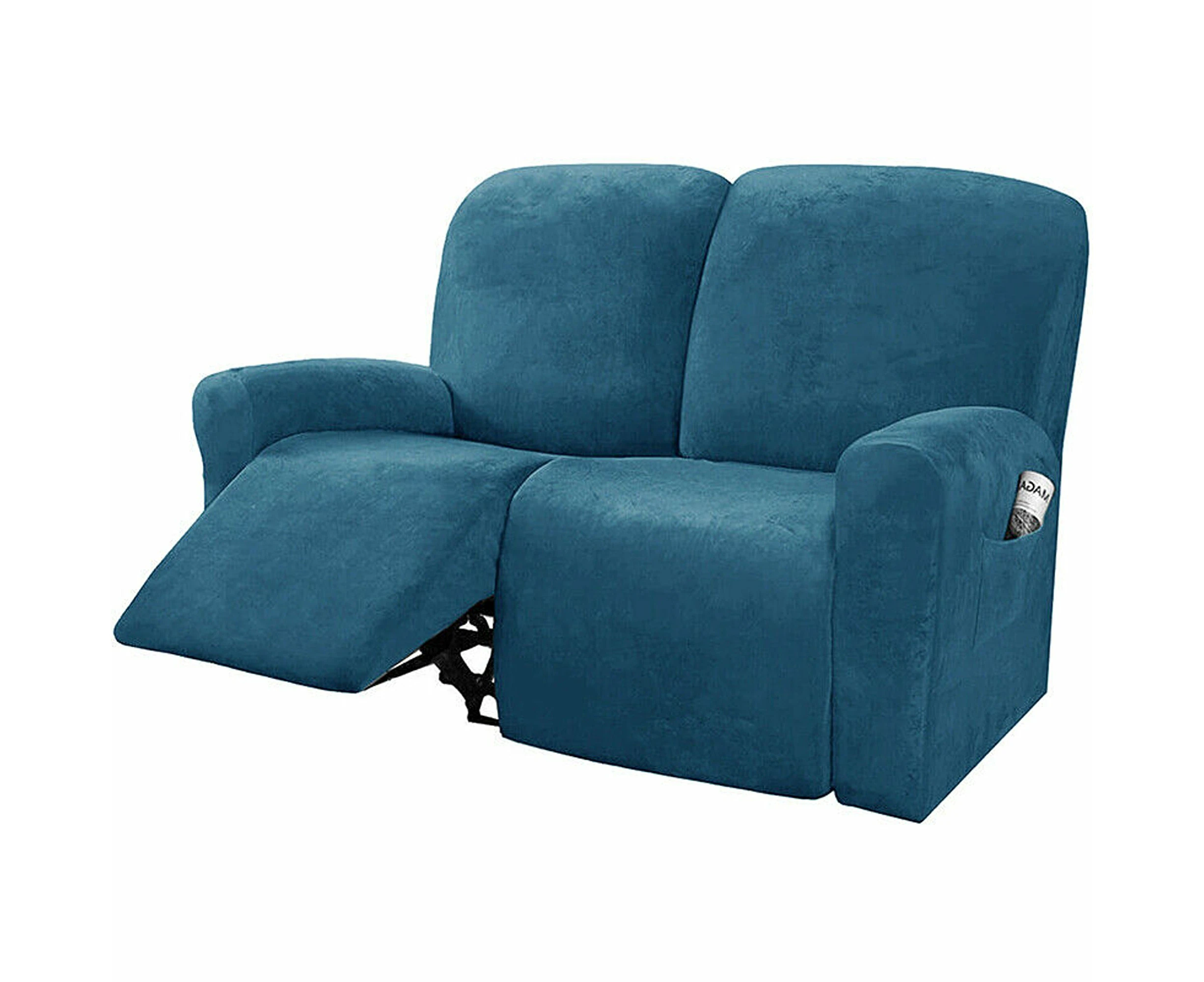 2 Seater Recliner Sofa Cover Velvet Stretch Slipcover - Peacock Blue